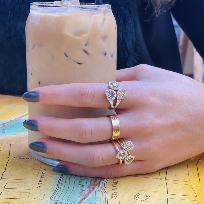 Yellow Gold Halo Stackable Rings - Malka