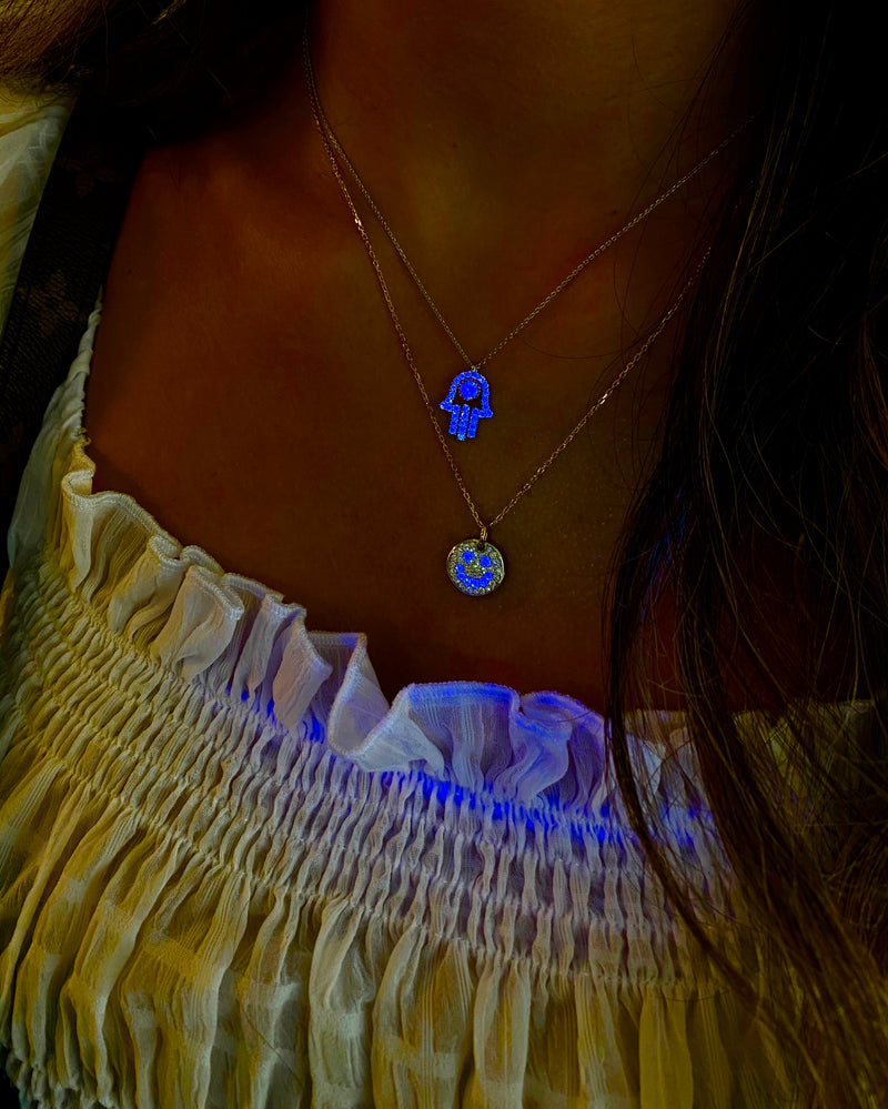 Positive Energy Hamsa Gold & Blue Chain Necklace | Handmade Pendant | Ebru  Jewelry